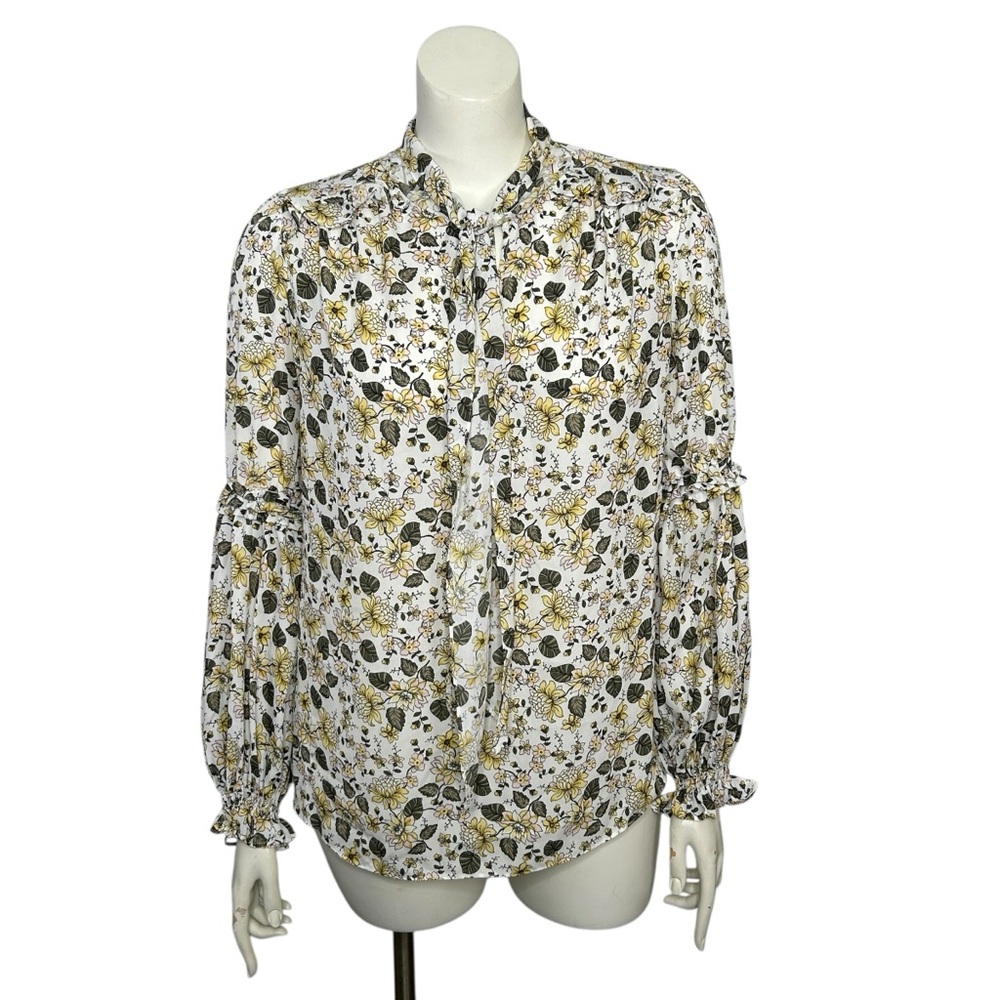 Max Studio Women's Blouse Large Floral White Yellow Green Long Sleeve Tie